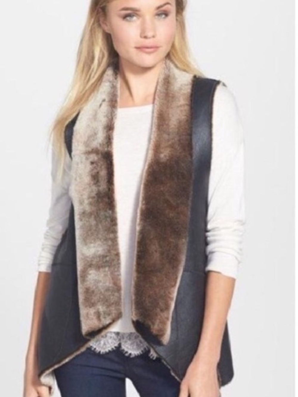 Truth And Pride Real Lamb Fur/Leather Open Front Layering Vest Italy S